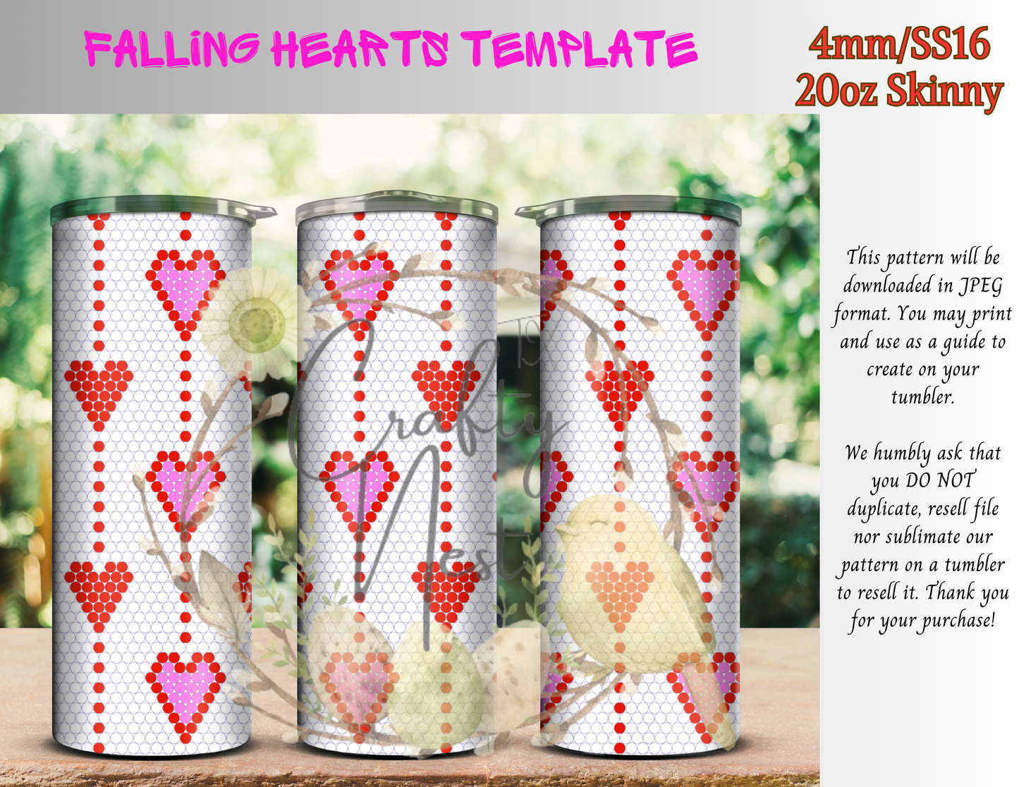 4mm Falling Heart's Rhinestone Tumbler Template