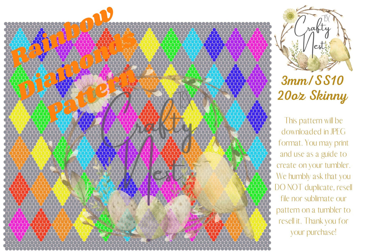 3mm Rainbow Diamonds Rhinestone Tumbler Template
