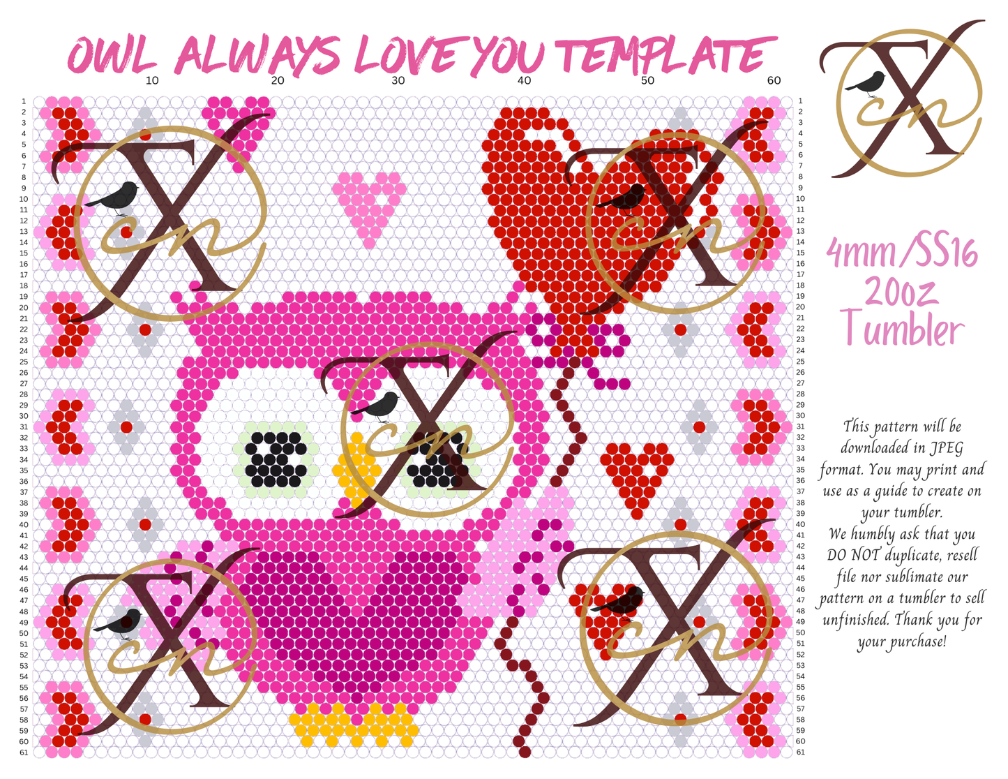 4mm Owl Always Love You Rhinestone Tumbler Template