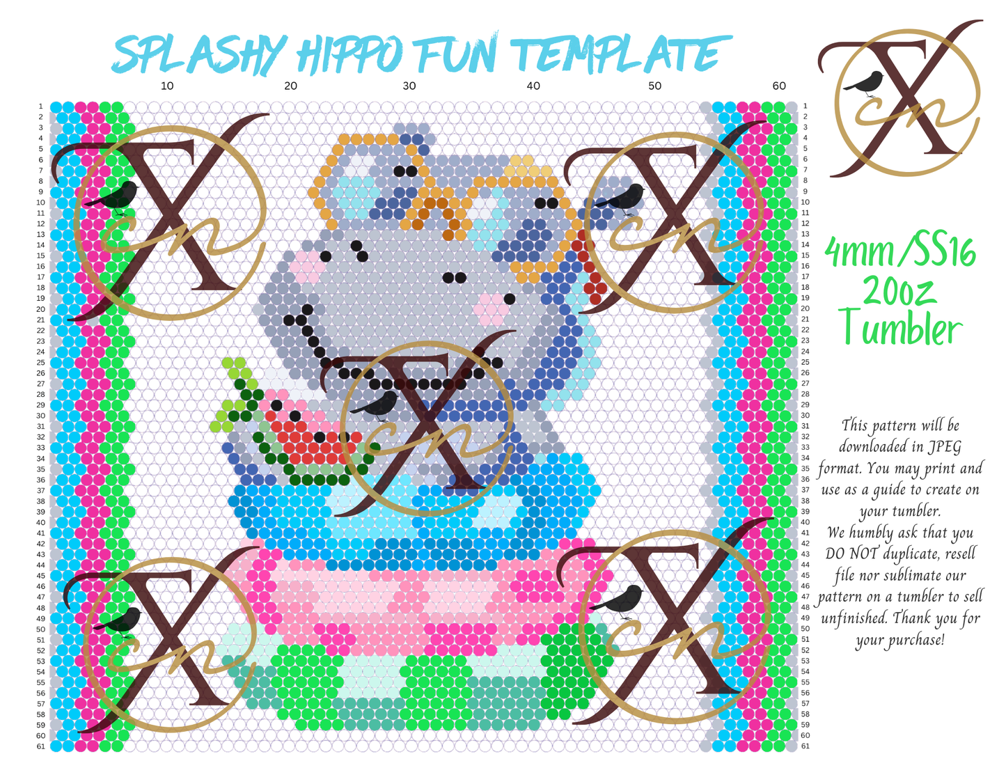 4mm Splashy Hippo Fun Rhinestone Tumbler Template