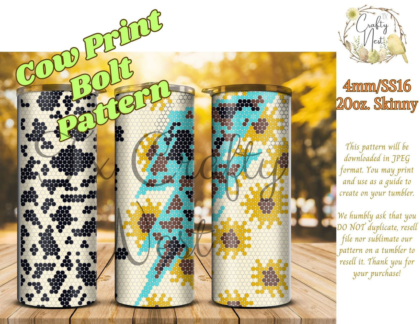 4mm Cow Print Bolt Rhinestone Tumbler Template